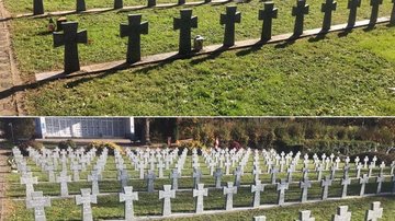 Bildercollage: Oben: Dunkle Grabkreuze einer Kriegsgräberstätte, unten: helle Grabkreuze auf einer Kriegsgräberstätte